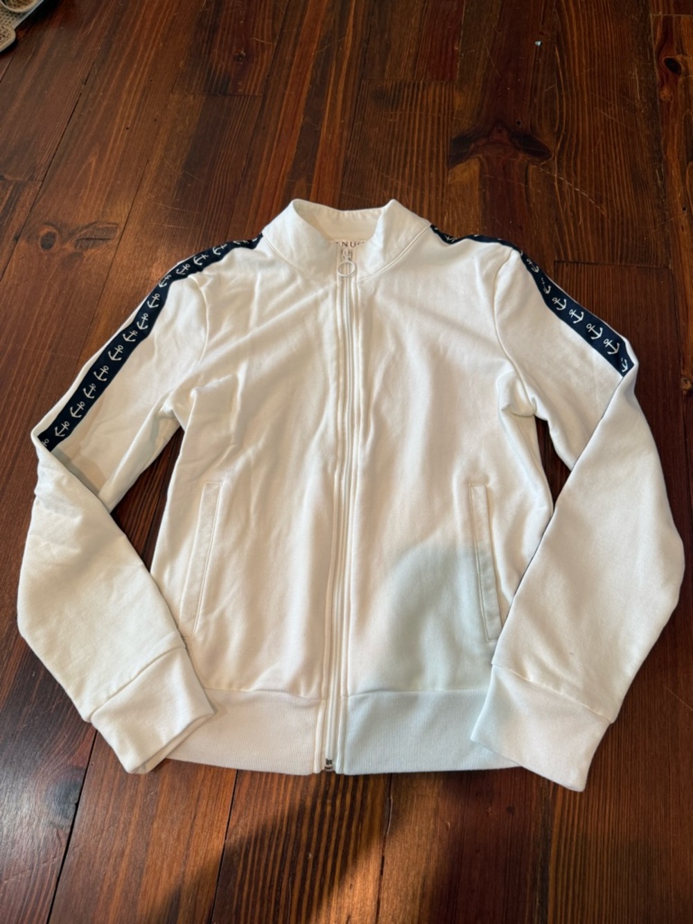 VENUS White Collared Zip-Front Jacket with Navy Anchor Trim
